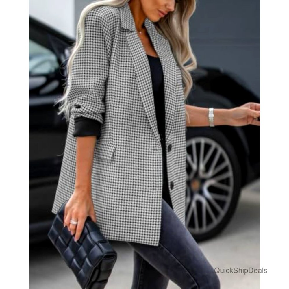 Oversized Plaid Blazer Jacket Polyester Boyfriend… - image 2